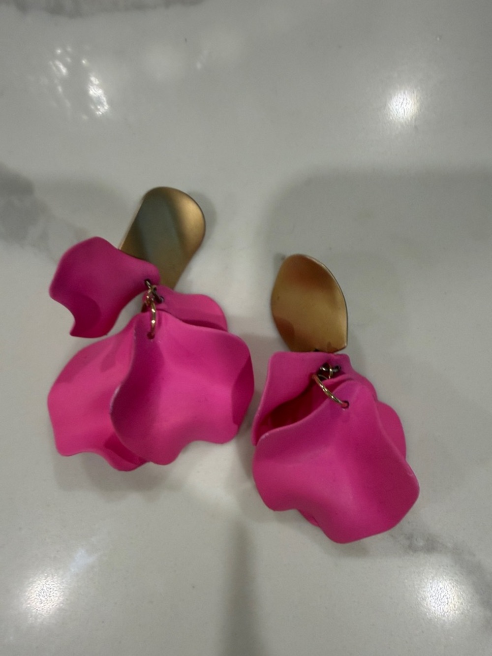 Bold Pink Floral Drop Earrings with Gold Accents